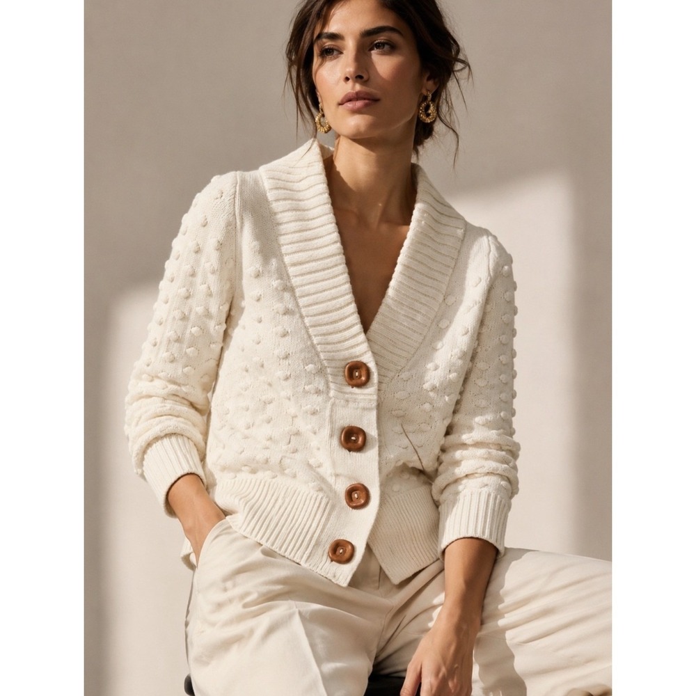 Charlie & Robin Cardigan Women XL Ivory NWOT Popcorn Knit Wool Blend Shawl